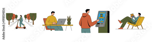 Flat Vector Modern Lifestyle and Digital Interaction Character Illustration Set for Urban Tech Theme