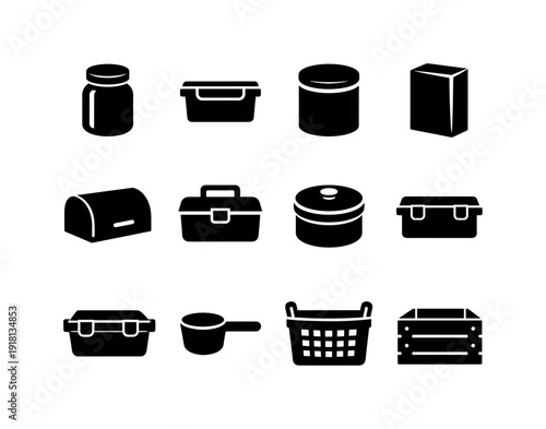 Home kitchen storage containers: glass jar, plastic container, storage canister, cereal box, bread bin, lunch box, vacuum container, freezer box, clip