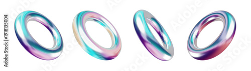 3D chrome donut with holographic reflections. Metallic ring shape isolated on white. Modern abstract torus render for minimalist design and dynamic decor projects.