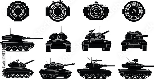 Black vector silhouette set of diverse military battle tanks and armored combat vehicles featuring various perspectives for army defense war games and history branding