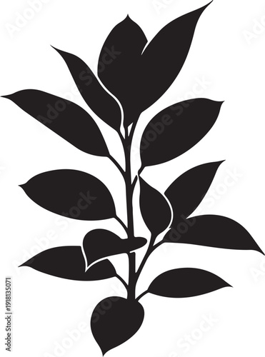 A simple black silhouette of a plant with leaves on a white background.