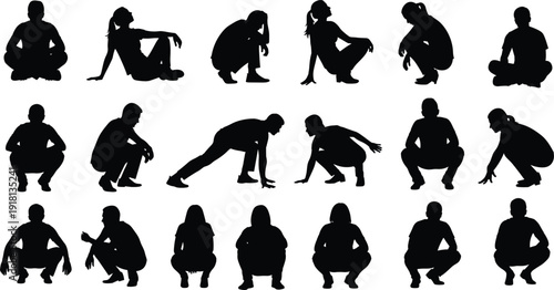 Black vector silhouette set of diverse people in various sitting squatting and crouching poses for fitness exercise urban lifestyle and human body motion branding