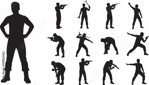Comprehensive Black Silhouette Collection of a Tactical Soldier and Special Forces Operative in Various Combat Poses and Action Stances Isolated on a White Background