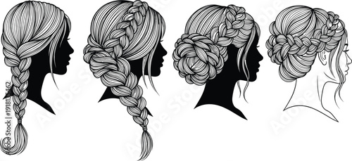 Black vector silhouette set of female head profiles with various elegant braided hairstyles including French braids and side buns for beauty salon branding