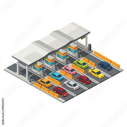 Cars queuing at a toll booth plaza on a highway for payment collection