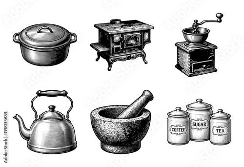 Vintage kitchenware collection featuring woodcut style illustrations of an antique stove, coffee grinder, mortar and pestle, kettle, and storage canisters