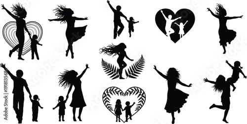 Black vector silhouette set of happy families and joyful women featuring mothers children and fathers for parenthood love community and freedom branding and design