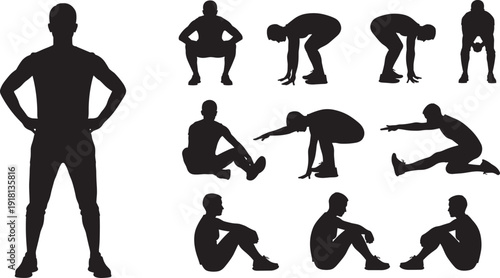 Comprehensive Black Silhouette Collection of a Fit Young Man Performing Various Gym Exercises Stretching and Athletic Workout Poses Isolated on a Clean White Background