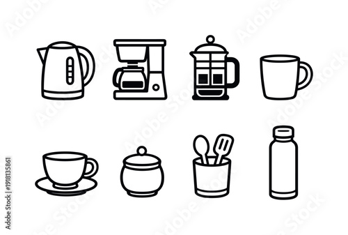 Home kitchen beverage tools: electric kettle, coffee maker, french press, coffee mug, teacup, sugar jar, spoon holder, insulated bottle