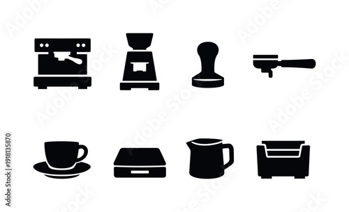 Barista equipment: espresso machine, coffee grinder, tamper, portafilter, milk pitcher, coffee cup, scale, knock box