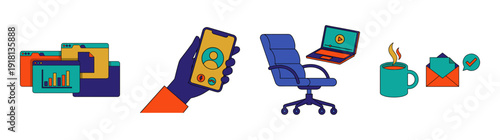 Flat Vector Remote Office and Productivity Element Kit for Hybrid Workspace Management