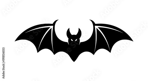 Stylized bat vector icon, symmetrical wings, bold black silhouette, clean monochrome design, white background, Halloween symbol, scalable SVG