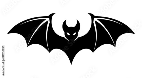 Stylized bat vector icon, symmetrical wings, bold black silhouette, clean monochrome design, white background, Halloween symbol, scalable SVG