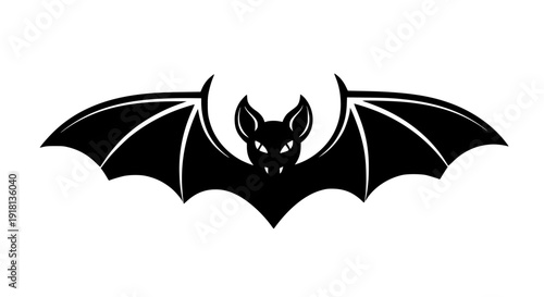 Stylized bat vector icon, symmetrical wings, bold black silhouette, clean monochrome design, white background, Halloween symbol, scalable SVG
