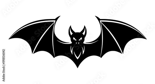 Stylized bat vector icon, symmetrical wings, bold black silhouette, clean monochrome design, white background, Halloween symbol, scalable SVG