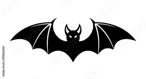 Stylized bat vector icon, symmetrical wings, bold black silhouette, clean monochrome design, white background, Halloween symbol, scalable SVG