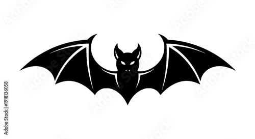 Stylized bat vector icon, symmetrical wings, bold black silhouette, clean monochrome design, white background, Halloween symbol, scalable SVG