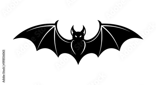 Stylized bat vector icon, symmetrical wings, bold black silhouette, clean monochrome design, white background, Halloween symbol, scalable SVG