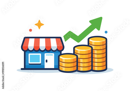 Small business growth and financial organization centered on stability and smart management decisions, a storefront icon combined with stacked coins