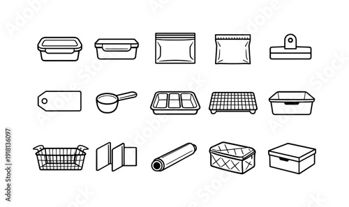 Home freezer meal prep containers: glass container, plastic container, freezer bag, vacuum bag, clip seal, label tag, measuring scoop, tray, cooling