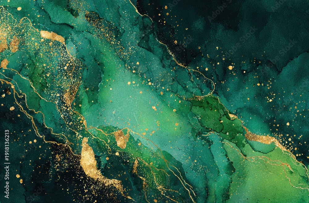 Obraz premium Abstract emerald green and gold fluid art with swirling patterns