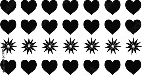 Black heart and starburst silhouette vector illustration, geometric pattern design, abstract art, decorative grid, creative concept, visual arrangement