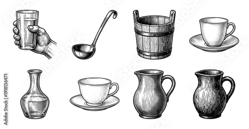 Vintage engraving style collection of liquid containers including wood bucket pitchers carafes and tea cups