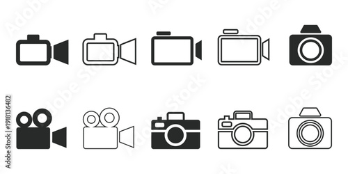 Set of sleek camera and video camera icons for media and technology projects