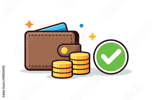 Personal finance stability and mindful budgeting in everyday life, a wallet paired with stacked coins and a simple checkmark symbolizing controlled