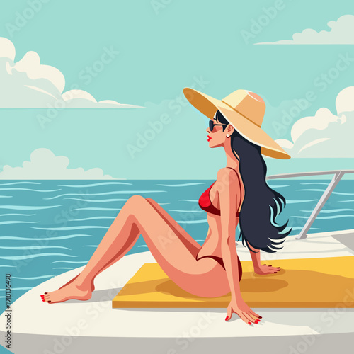 elegant woman in red bikini and straw hat sunbathing on yacht deck at sea, pop art illustration for travel blogs, luxury lifestyle websites and summer posters
