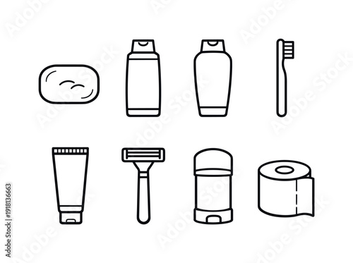Home bathroom hygiene items: soap bar, shampoo bottle, conditioner bottle, toothbrush, toothpaste tube, shaving razor, deodorant stick, toilet paper