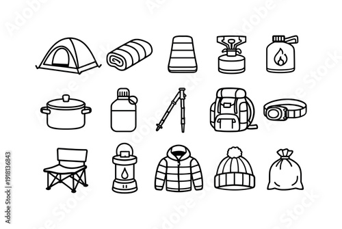 Outdoor hillside camping gear: dome tent, sleeping bag, sleeping pad, camp stove, fuel canister, cooking pot, water canteen, trekking pole, backpack