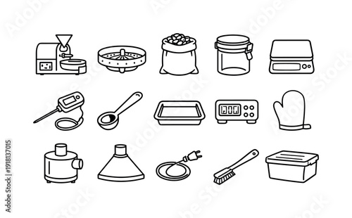 Home coffee roasting equipment: coffee roaster, cooling tray, green bean sack, storage jar, digital scale, thermometer probe, scoop spoon, metal tray