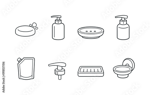 Home bathroom soap items: soap bar, liquid soap bottle, soap dish, soap dispenser, refill pouch, pump head, soap tray, wall holder