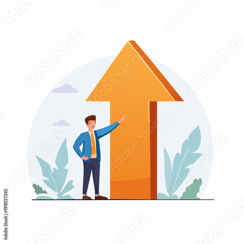 Business growth concept A man pointing at a large orange arrow indicating upward trend and financial success, surrounded by foliage and a clear sky