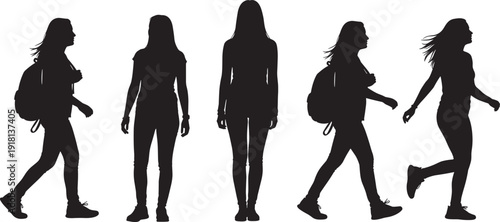 Collection of Black Silhouettes of Young Female Students and Girls Wearing Backpacks Walking and Standing in Active Poses Isolated on a White Background