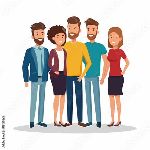 A diverse group of five young adults, friends or colleagues, posing together, showcasing a sense of unity and camaraderie