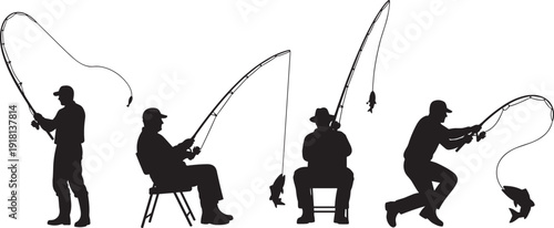 Collection of Black Silhouettes Featuring Men Fishing in Various Poses Including Sitting and Standing With Fishing Rods and Catching Fish Isolated on White Background