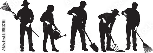 Collection of Black Silhouettes Featuring Men and Women Farmers Gardening and Working With Tools Like Rakes Shovels and Watering Cans on White Background