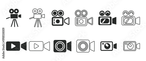 Collection of modern camera and video icons for media and technology use