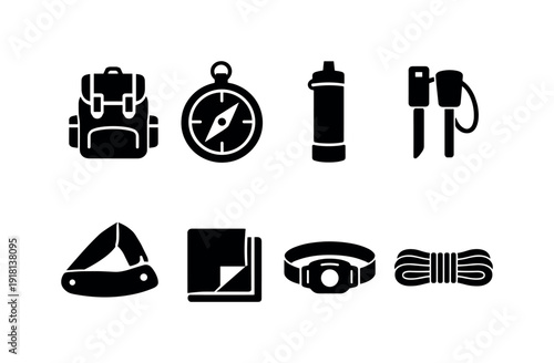 Outdoor survival backpack gear: backpack, compass, water filter, fire starter, folding knife, emergency blanket, headlamp, rope coil