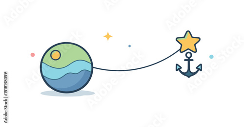 Stable inner reference point during ongoing uncertainty framed as cosmic anchor, a planet gently tethered to a minimal anchor star by a thin line