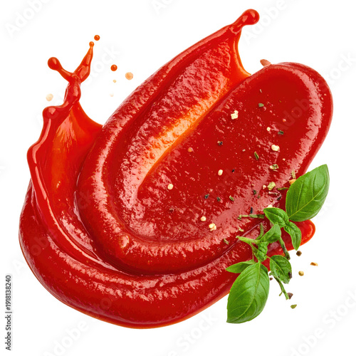 Dynamic Splash of Ketchup with Fresh Basil and Spices on White Background.