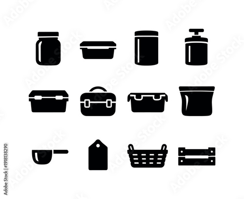 Home food storage containers: glass jar, plastic container, storage canister, vacuum container, freezer box, lunch box, clip lid, silicone bag