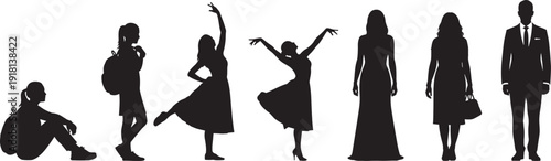 Collection of Black Silhouettes Featuring Diverse People in Various Poses Including Dancing Women Students With Backpacks and Professional Business Figures Isolated on White Background