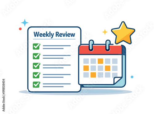 Mindful weekly review and intentional life maintenance for staying organized and on track, a simple checklist paired with a small calendar page and a