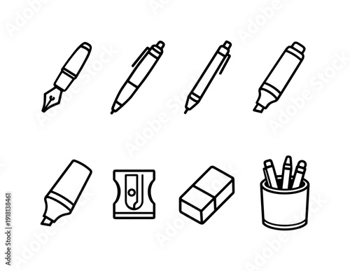 Office writing instruments: fountain pen, ballpoint pen, mechanical pencil, marker pen, highlighter, pencil sharpener, eraser, pen holder