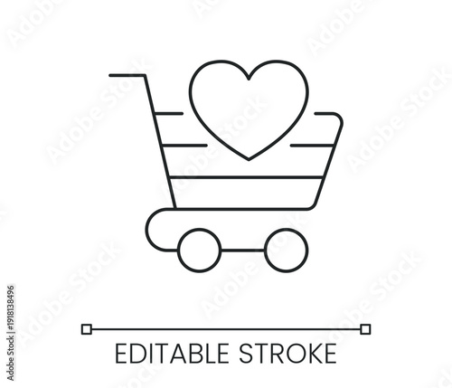 Shopping cart with heart icon representing wish list favorites or charity donation for online retail stores. Line with editable stroke single symbol. Thin linear style sign. Vector illustration