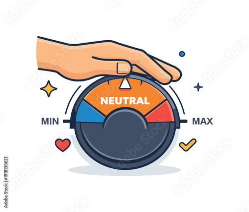 Psychological self-mastery and conscious regulation of impulses, a hand gently resting on a dial set to neutral expressing discipline, awareness, and