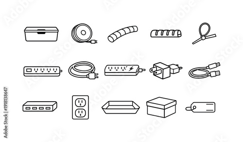 Office desk shared cable organization kit: cable organizer box, cable reel, cable sleeve, cable clip, cable tie, power strip, extension cord, surge